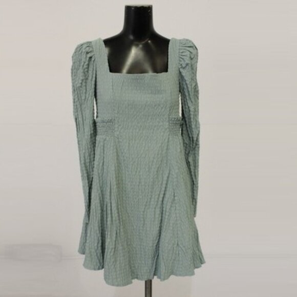 NWT ASOS Design Women Shirred Textured Babydoll Long Sleeve Dress Dusty Blue 10 - Picture 1 of 12